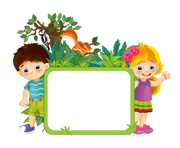cartoon scene with nature frame kids and animals - illustration for children