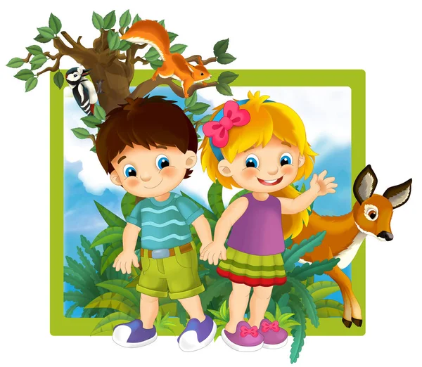 Cartoon scene with nature frame kids and animals - illustration for children — Stock Photo, Image