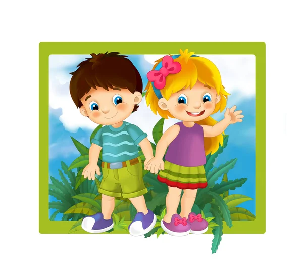 Cartoon scene with nature frame kids and animals - illustration for children — Stock Photo, Image