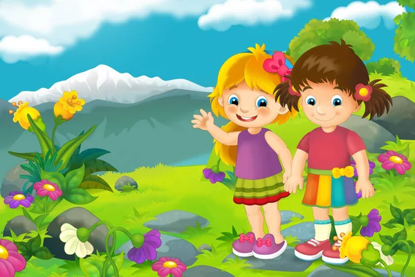 Cena dos desenhos animados com a natureza e as crianças - ilustração para crianças — Fotografia de Stock