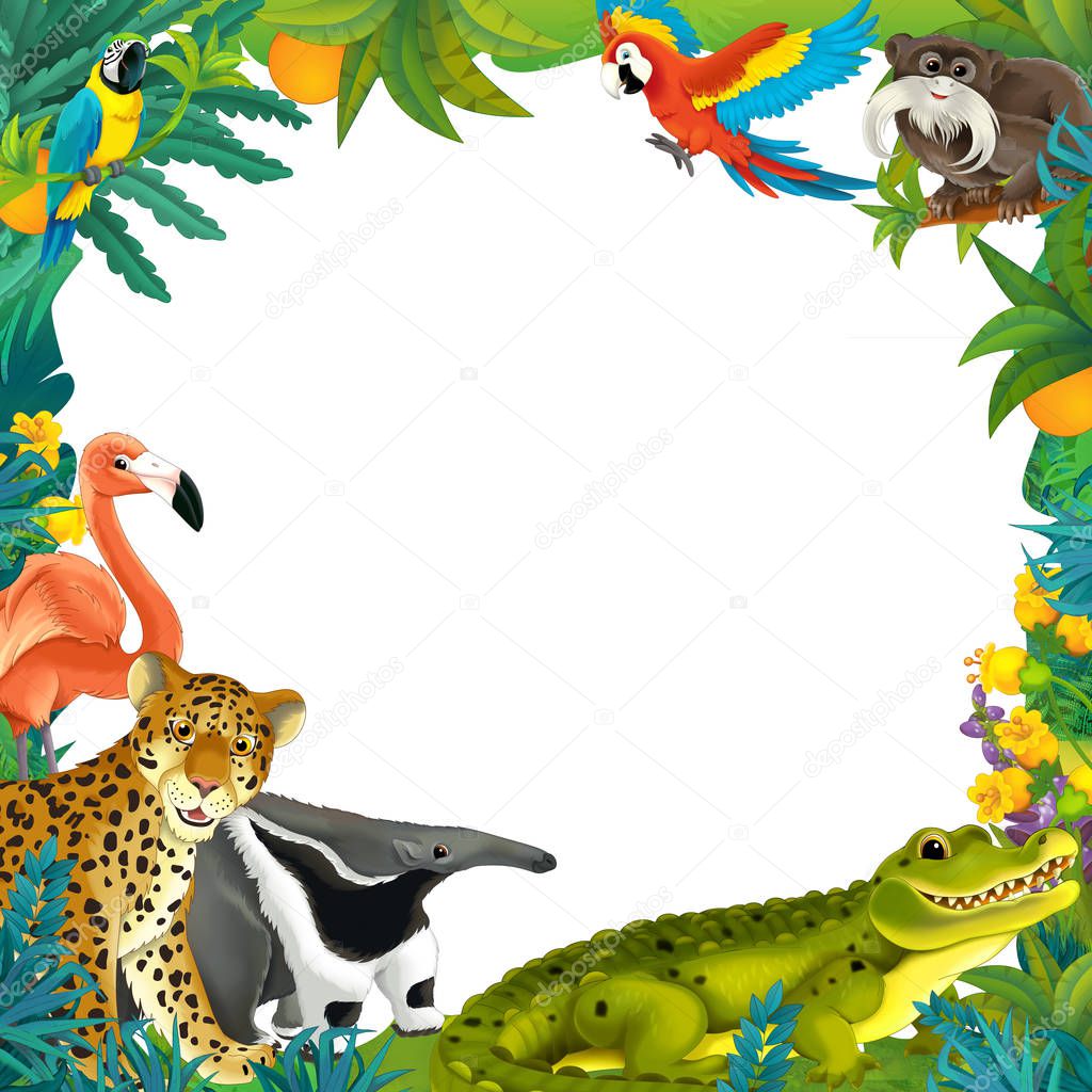 cartoon scene with nature frame and animals cat ant eater parrot crocodile - illustration for children