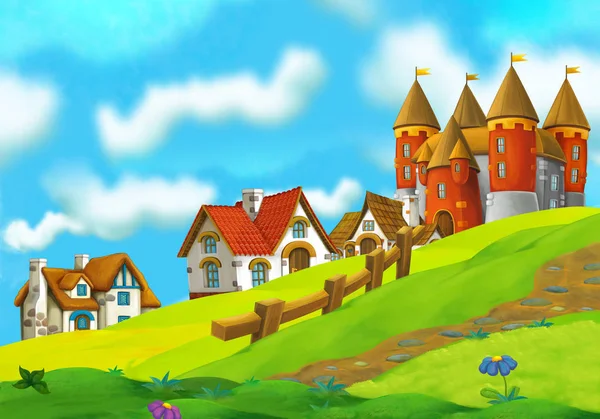 Мультфильм летняя сцена с дорожкой к деревне фермы - никто на сцене - иллюстрация для детей — стоковое фото