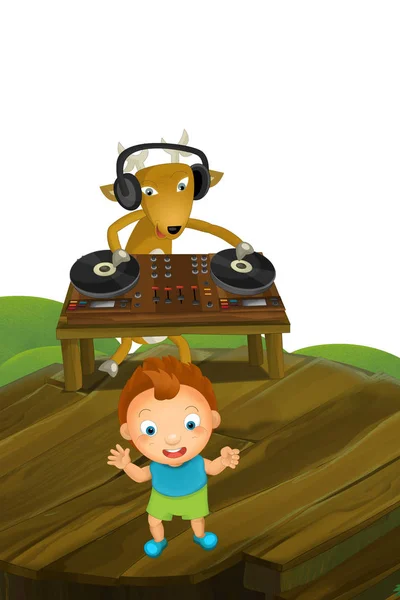 Tecknad Scen Med Deer Och Kid Dancing Illustration För Barn — Stockfoto
