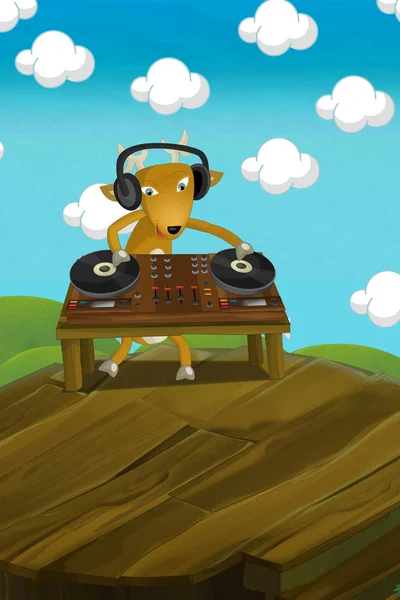 cartoon scene with happy dj deer playing on turn tables - illustration for children