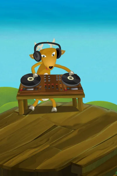cartoon scene with happy dj deer playing on turn tables - illustration for children