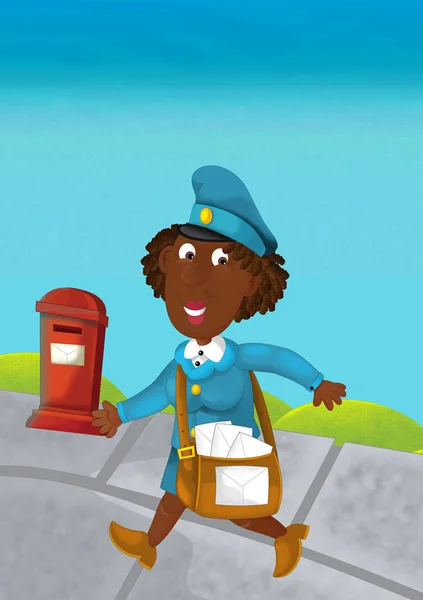 cartoon scene with woman postman delivering mail - illustration for children