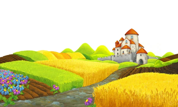 Escena de dibujos animados con campos de granja con castillo medieval y ba blanca — Foto de Stock
