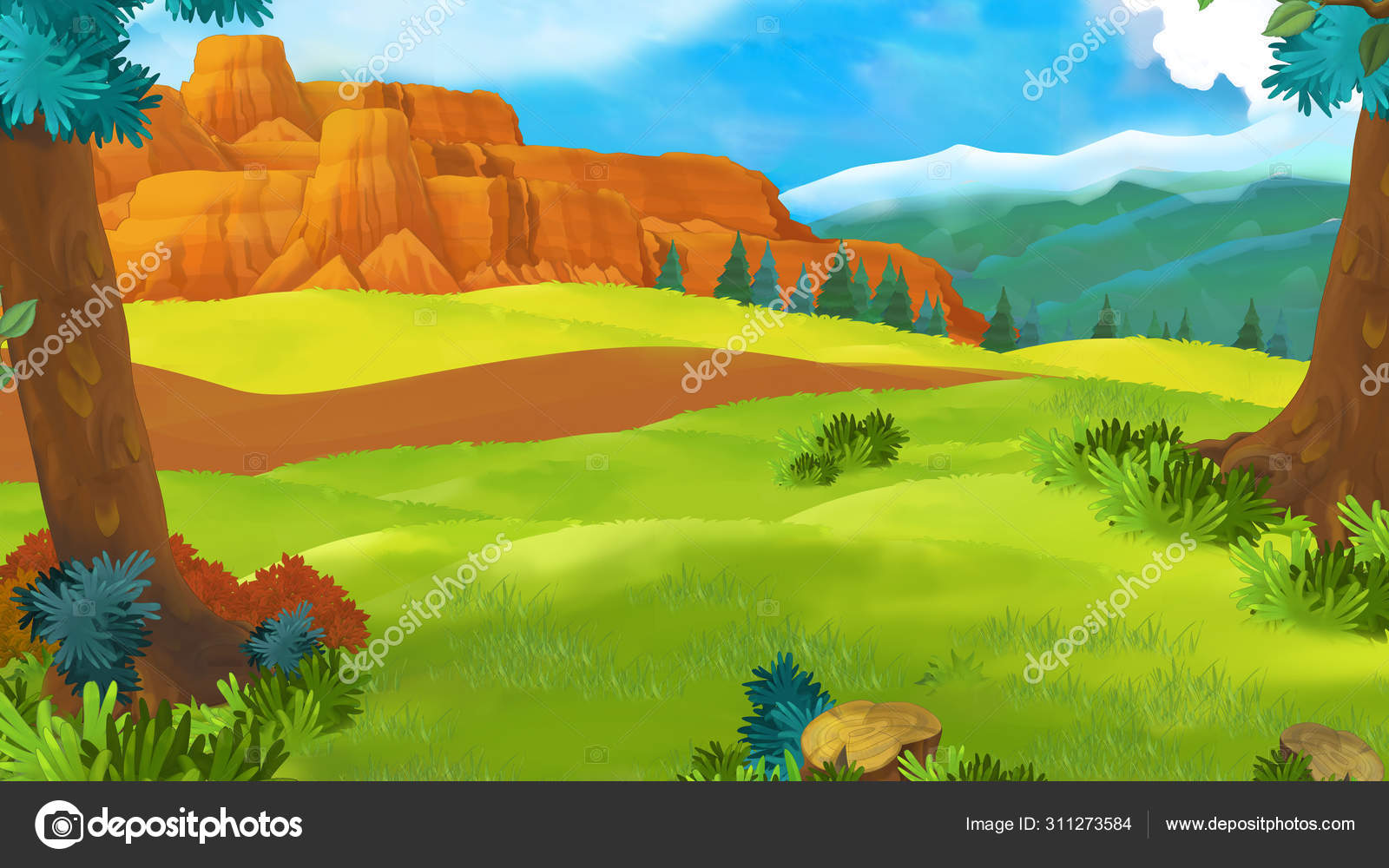 Cartoon nature scene with mountains and meadow illustration for