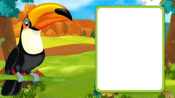Scène de dessin animé avec heureux toucan assis sur une branche et regardant avec cadre pour le texte illustration pour les enfants — Photo
