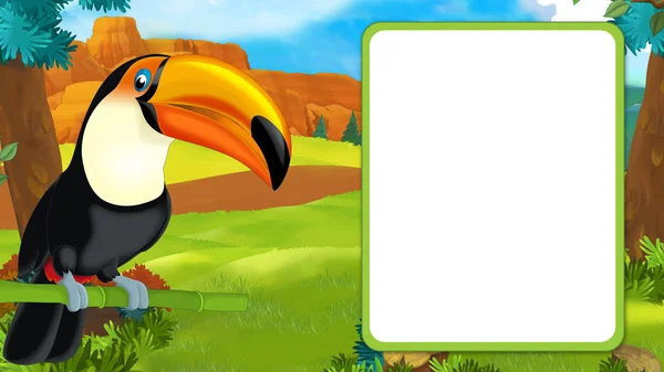 Cartoon scene with happy toucan sitting on some branch and looking with frame for text - illustration for children — Stock Photo, Image