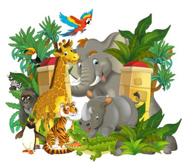 Girişin yanında farklı hayvanların olduğu çizgi film sahnesi - lunapark - çocuklar için illüstrasyon