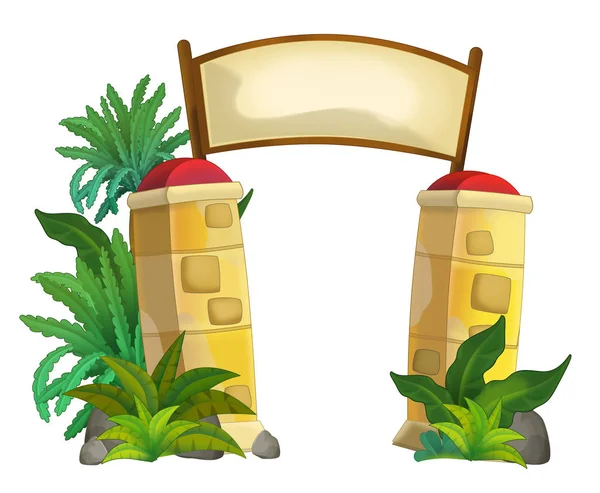 Cartoon scene with pillar stone entrance with jungle plants and sign on white background illustration for children — Stock Photo, Image