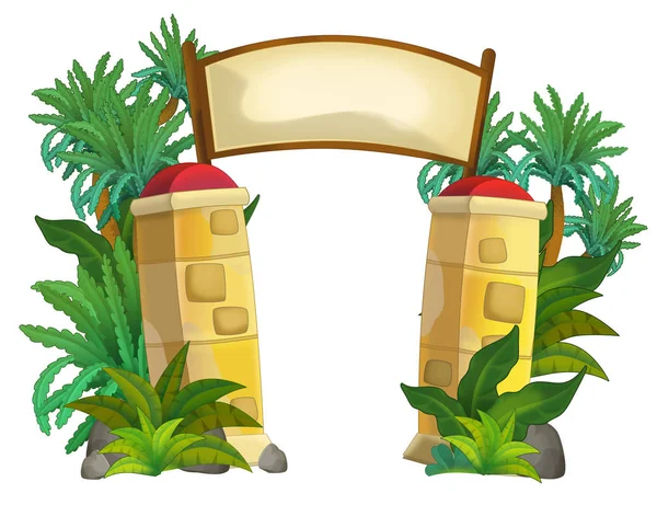 cartoon scene with pillar stone entrance with jungle plants and sign on white background illustration for children