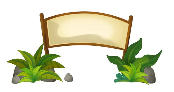 Мультфильм сцена с деревянным входом знак с джунглями растений и знак на белом фоне иллюстрации для детей — стоковое фото