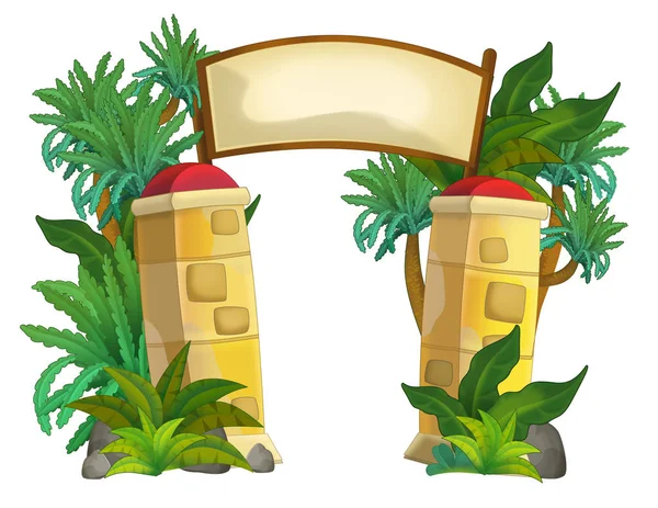 cartoon scene with pillar stone entrance with jungle plants and sign on white background illustration for children