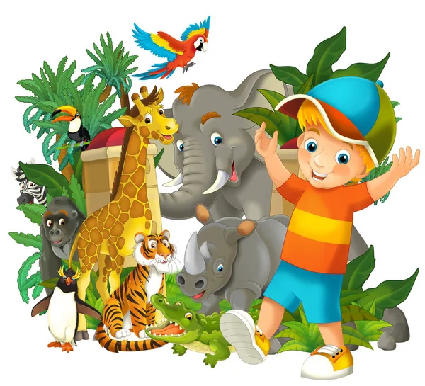Cartoon zoo scene near the entrance with different animals and kid - amusement park - illustration for children — Stock Photo, Image