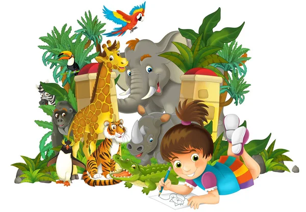 Cartoon zoo scene near the entrance with different animals and kid - amusement park - illustration for children — Stock Photo, Image