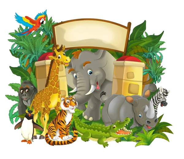 Cena de zoológico de desenhos animados perto da entrada com diferentes animais - parque de diversões - ilustração para crianças — Fotografia de Stock