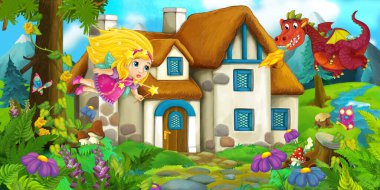 Köyün yakınında bir ejderha ve sihirli peri kızın çizgi film sahnesi - çocuklar için illüstrasyon