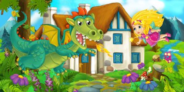 Köyün yakınında bir ejderha ve sihirli peri kızın çizgi film sahnesi - çocuklar için illüstrasyon