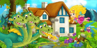 Köyün yakınında bir ejderha ve sihirli peri kızın çizgi film sahnesi - çocuklar için illüstrasyon