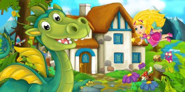 Köyün yakınında bir ejderha ve sihirli peri kızın çizgi film sahnesi - çocuklar için illüstrasyon