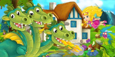 Köyün yakınında bir ejderha ve sihirli peri kızın çizgi film sahnesi - çocuklar için illüstrasyon