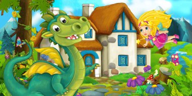 Köyün yakınında bir ejderha ve sihirli peri kızın çizgi film sahnesi - çocuklar için illüstrasyon