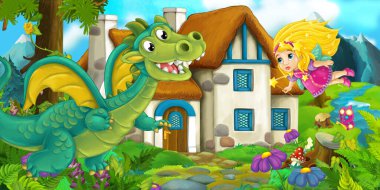 Köyün yakınında bir ejderha ve sihirli peri kızın çizgi film sahnesi - çocuklar için illüstrasyon