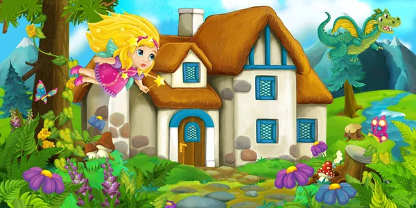 村庄附近的龙和魔法仙女的卡通场景 儿童图解 — 图库照片
