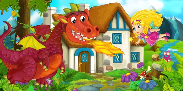 村庄附近的龙和魔法仙女的卡通场景 儿童图解 — 图库照片