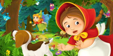 Ormanda bir yere giden genç bir kız ve mutlu bir köpekle çizgi film sahnesi ve çocuklar için bir çizim.