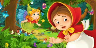 Ormanda bir yere giden genç bir kız ve mutlu bir köpekle çizgi film sahnesi ve çocuklar için bir çizim.