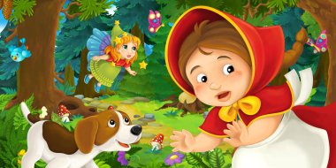 Ormanda bir yere giden genç bir kız ve mutlu bir köpekle çizgi film sahnesi ve çocuklar için bir çizim.