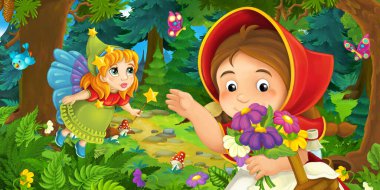 Ormanda bir yere giden genç bir kız ve mutlu bir köpekle çizgi film sahnesi ve çocuklar için bir çizim.