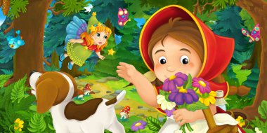 Ormanda bir yere giden genç bir kız ve mutlu bir köpekle çizgi film sahnesi ve çocuklar için bir çizim.