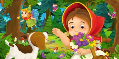 Ormanda bir yere giden genç bir kız ve mutlu bir köpekle çizgi film sahnesi ve çocuklar için bir çizim.