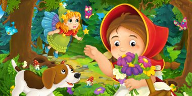 Ormanda bir yere giden genç bir kız ve mutlu bir köpekle çizgi film sahnesi ve çocuklar için bir çizim.