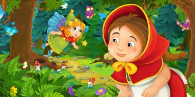 Ormanda bir yere giden genç bir kız ve mutlu bir köpekle çizgi film sahnesi ve çocuklar için bir çizim.