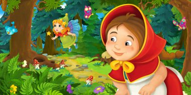 Ormanda bir yere giden genç bir kız ve mutlu bir köpekle çizgi film sahnesi ve çocuklar için bir çizim.