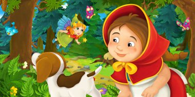 Ormanda bir yere giden genç bir kız ve mutlu bir köpekle çizgi film sahnesi ve çocuklar için bir çizim.