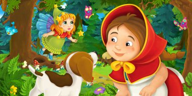Ormanda bir yere giden genç bir kız ve mutlu bir köpekle çizgi film sahnesi ve çocuklar için bir çizim.