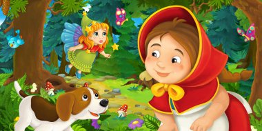 Ormanda bir yere giden genç bir kız ve mutlu bir köpekle çizgi film sahnesi ve çocuklar için bir çizim.