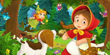 Ormanda bir yere giden genç bir kız ve mutlu bir köpekle çizgi film sahnesi ve çocuklar için bir çizim.