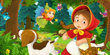 Ormanda bir yere giden genç bir kız ve mutlu bir köpekle çizgi film sahnesi ve çocuklar için bir çizim.