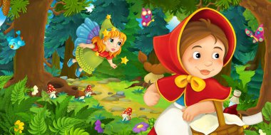 Ormanda bir yere giden genç bir kız ve mutlu bir köpekle çizgi film sahnesi ve çocuklar için bir çizim.