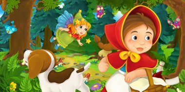 Ormanda bir yere giden genç bir kız ve mutlu bir köpekle çizgi film sahnesi ve çocuklar için bir çizim.