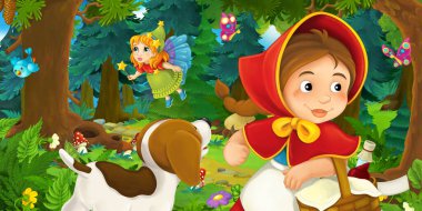 Ormanda bir yere giden genç bir kız ve mutlu bir köpekle çizgi film sahnesi ve çocuklar için bir çizim.