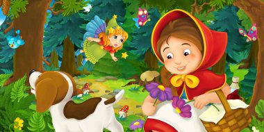 Ormanda bir yere giden genç bir kız ve mutlu bir köpekle çizgi film sahnesi ve çocuklar için bir çizim.