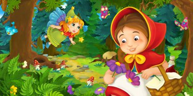 Ormanda bir yere giden genç bir kız ve mutlu bir köpekle çizgi film sahnesi ve çocuklar için bir çizim.